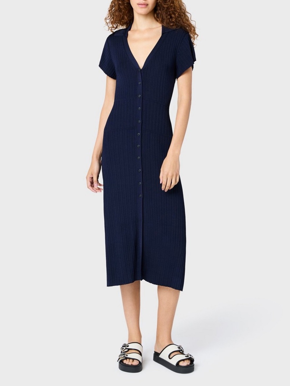 New! Rag & Bone Esme Navy Short-Sleeve Ribbed Midi Dress 💙 Small